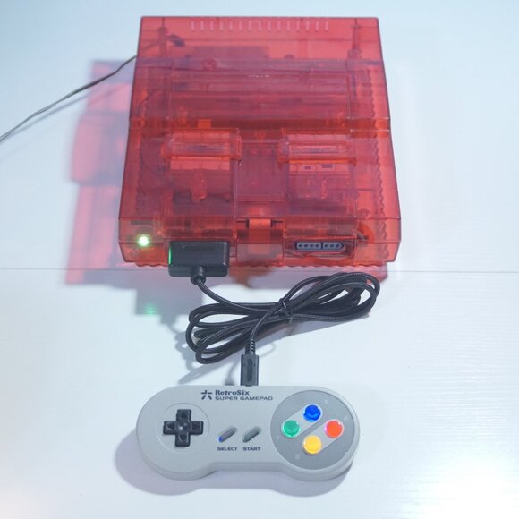 Transparent Clear Red Super Nintendo SNES Game Console SNS-001 with Green LED
